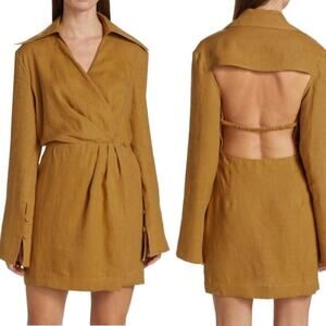 Nanushka Esma Camel Linen Long Sleeve Mini Dress Size XS